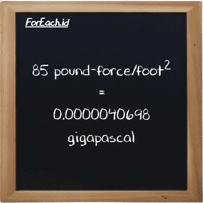 85 pound-force/foot<sup>2</sup> is equivalent to 0.0000040698 gigapascal (85 lbf/ft<sup>2</sup> is equivalent to 0.0000040698 GPa)
